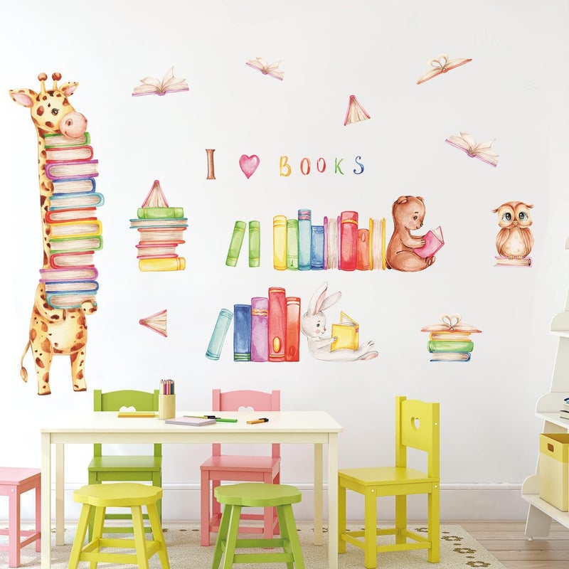 Kasubeso Animals Reading Books Wall Decals Watercolor Large Giraffe Bear Rabbit Owl Read Books Wall Stickers for Kids Bedroom Nursery Playroom Classroom Library Reading Corner Decoration - Image 1